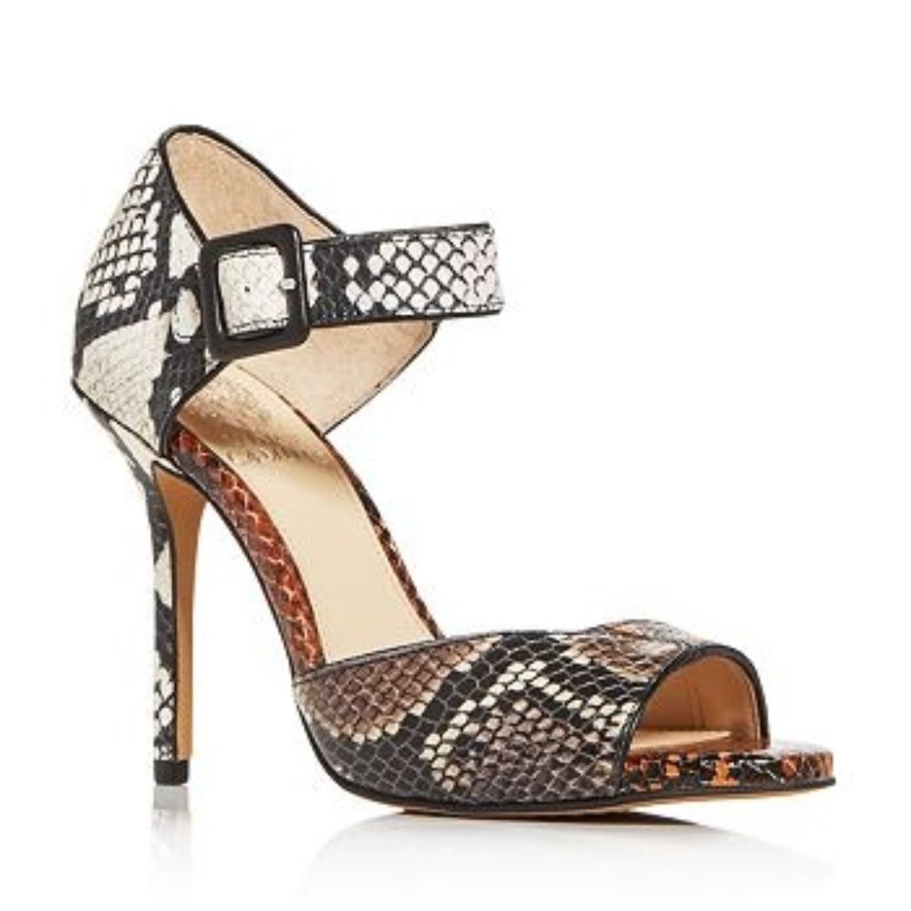 Vince Camuto Leather Shoes Snake Embossed Heels Sandals 8.5 Made in Brazil NEW